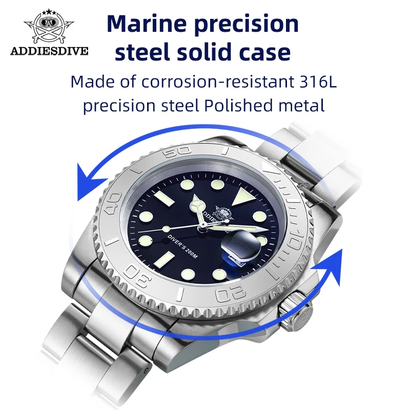 ADDIESDIVE Luminous Luxury Men\'s Quartz Watch Calendar 200m Waterproof Diver Watches Stainless Steel Leisure Sports Analog Watch