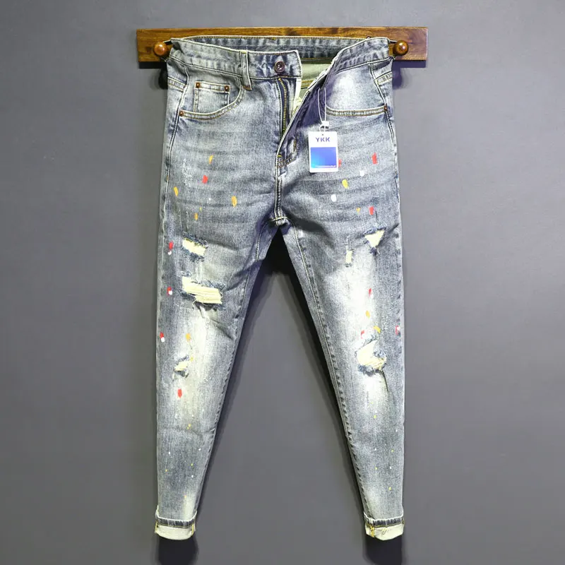 Moda uliczna Mężczyźni Jeans Retro Washed Blue Stretch Skinny Ripped Jeans Men Painted Designer Hip Hop Vintage Denim Pants Hombre