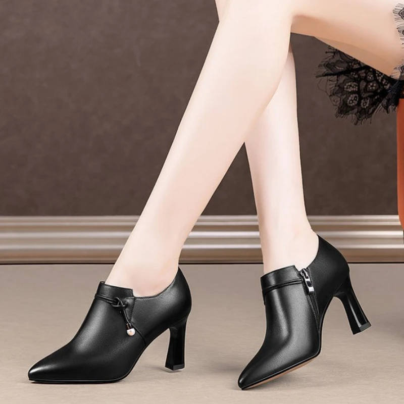 British Style Small Leather Shoes 2024 New Pointed High Heels Women\'s Spring and Autumn Design Retro Deep Mouth Women\'s Shoes