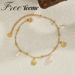 Freeteeme Fashion Shell Imitation Pearl Anklets for Women Stainless Steel Double Layered Cross Foot Chain Jewelry Holiday Gift