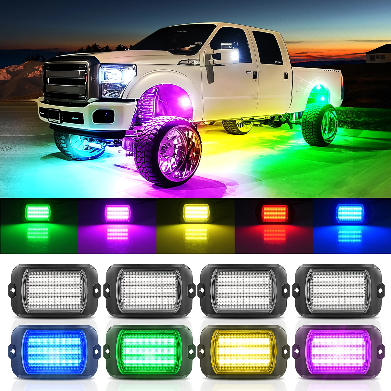 Kit de luces RGB+IC MICTUNING Q1, 8 módulos de iluminación todoterreno multicolor con efecto de persecución, sincronización musical y control por aplicación, luces decorativas para el bajo del coche.