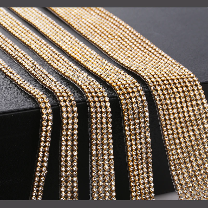 8rows Gold Crystal Rhinestone Chain Trim Hotfix Glass Gold Base Rhinestone Ribbon Clear Rhinestone Tape Trim Iron on Shoes