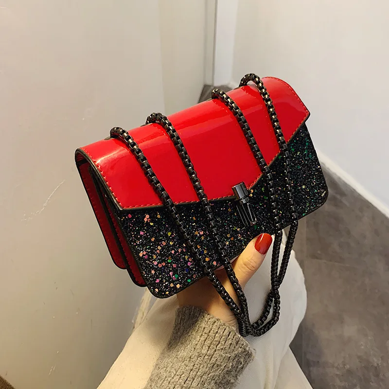 Color blocking sequin small square bag 2026 spring new style patent leather shoulder bag crossbody women's bag