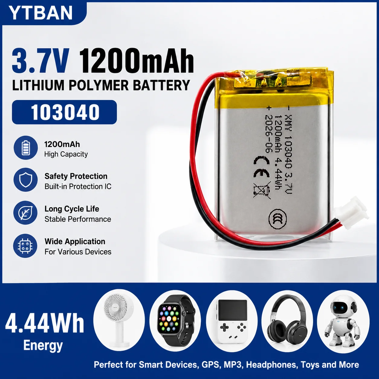 103040 3.7V 1200mAh Li-Polymer Rechargeable Battery with PH2.0 2Pin Connector for GPS Navigator Bluetooth Headset PS4 Controller