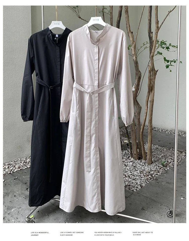 فساتين نسائية أنيقة بحزام قمصان طويلة على الطراز الكوري للربيع والصيف بأكمام طويلة فستان أسود كاكي موضة المكتب XY107