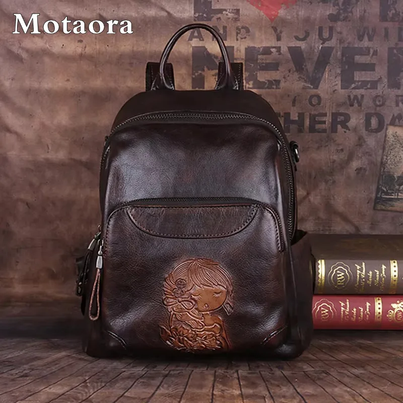 MOTAORA 2025 Leather Women's Bag Retro Embossing Backpack For Ipad Book Travel Handbag Female Shoulder Bag Vintage Messenger Bag