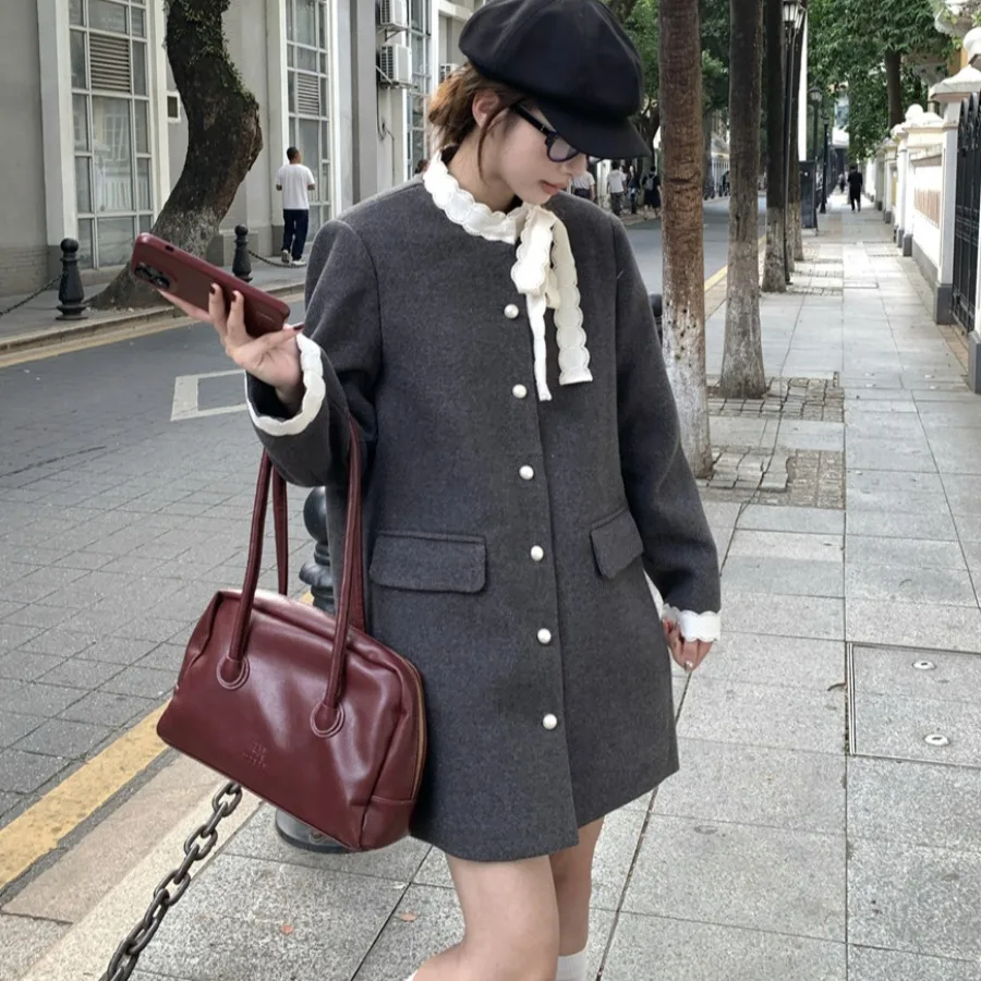 

Ele Woolen Coat Women's Hepburn Sle Knot Design Cotton Lined Slimming Outerwear Commute Loose Fit Long Sve