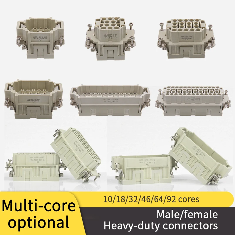 

Rectangular heavy duty connector Male Female Inner core HEE-10 18 core 32 hole 46 position 92 pin cold pressed waterproof Insert