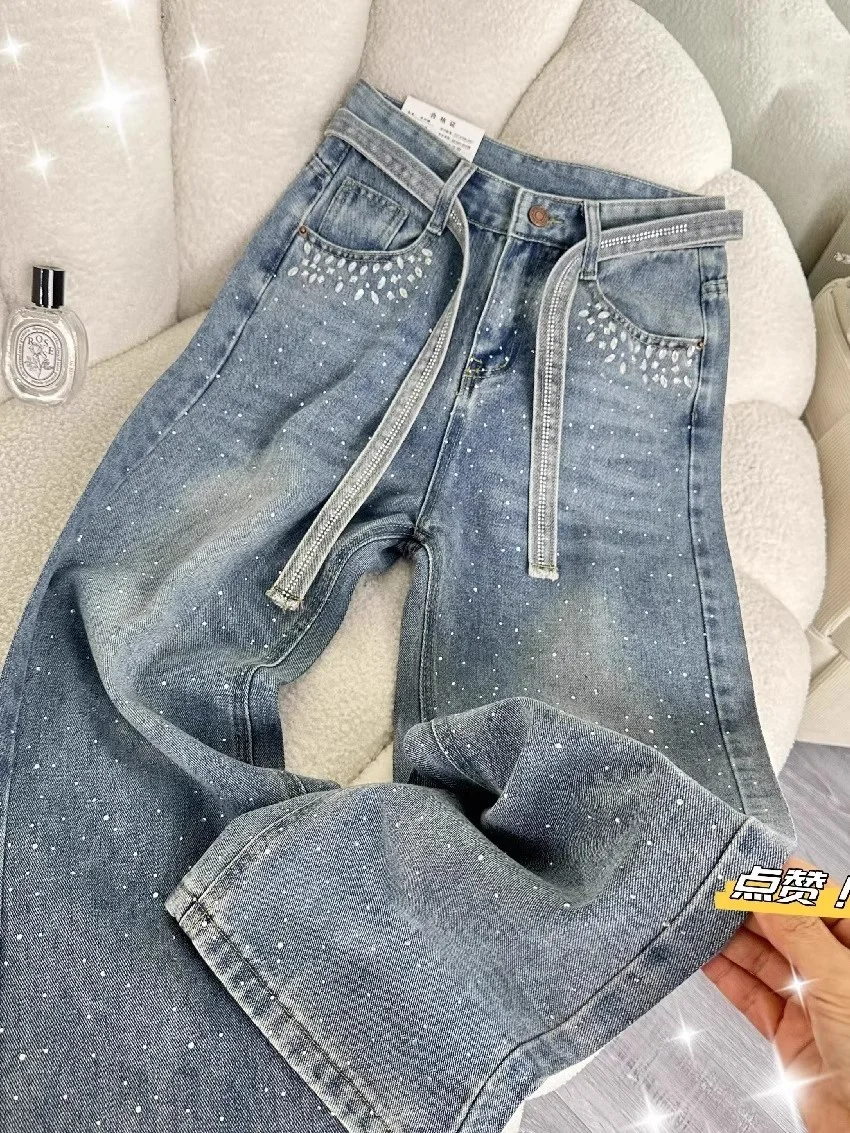 Heavy Du Strass Taille Wijde Pijpen Jeans Casual Hoge Taille Rechte Cut Denim Broek voor Vrouwen Lente Herfst plus Size Slanke...