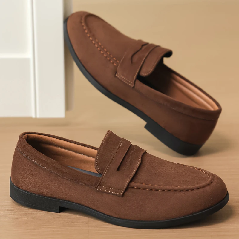 Retro Brown Men's Loafers Comfortable Suede Leather Casual Shoes Man Slip-on Shoes Flat Moccasins for Men Zapatos De Hombre