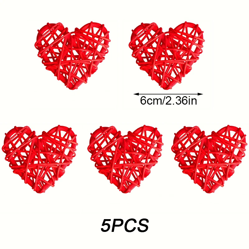 5pcs Red Heart Shaped Rattan Ball Ornaments Hand Woven Rattan Ball For DIY Valentine's Day Wedding Party Table Decoration