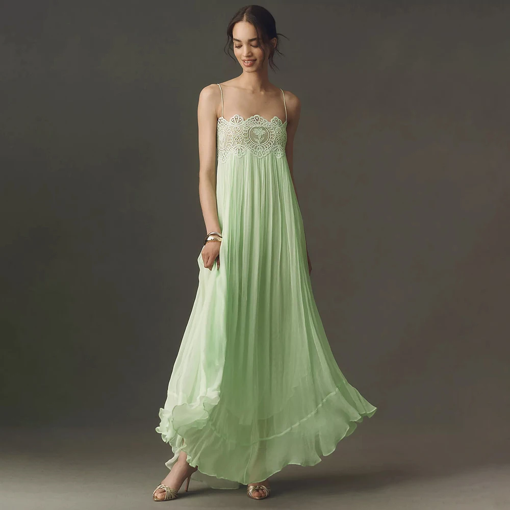 Fashionable Elegant Mint Green Lace Patchwork Spaghetti Strap Flowy Chiffon Maxi Dress for Birthday Party Casual Outing
