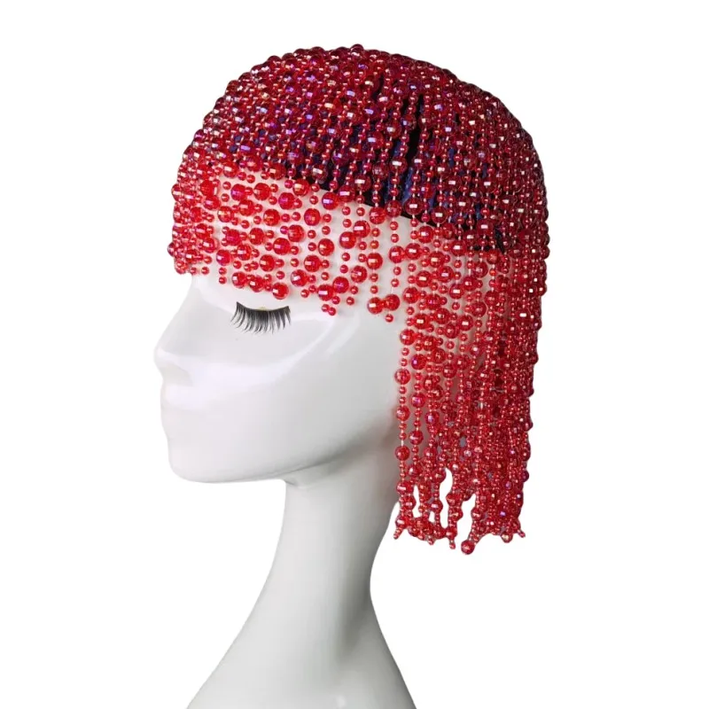 핑크 구슬 가발 헤드 기어 여성 댄서 가수 공연 의상 무대 액세서리 클럽 파티 쇼 축제 레이브 소품