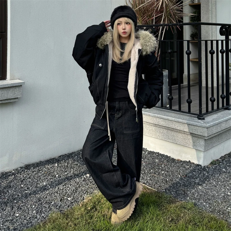 

Новинка 2025, черное пальто в американском стиле ретро, зимнее женское пальто Overcome с бархатной подкладкой, короткая куртка National Tide, уличные хлопковые стеганые куртки