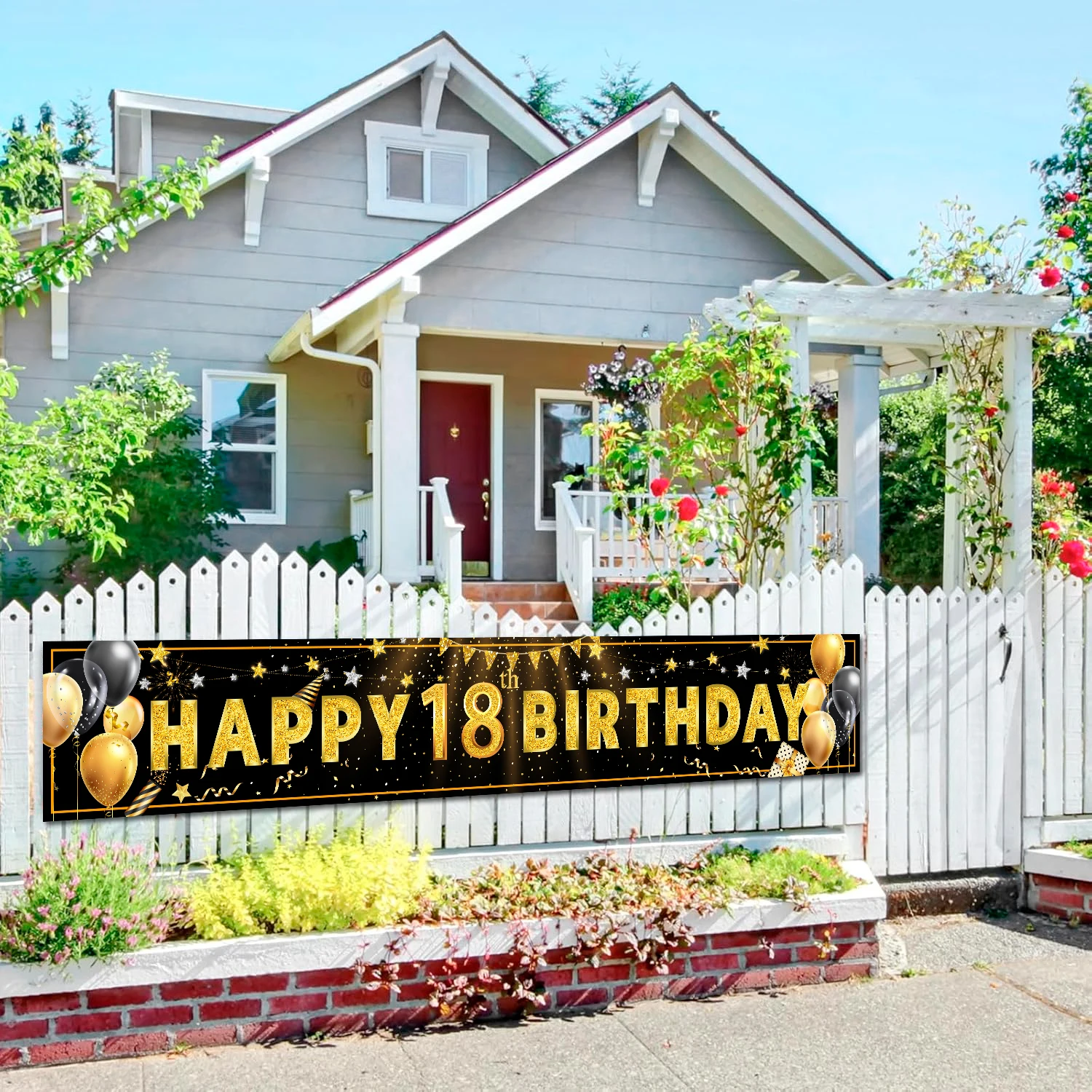 

Happy 18th Birthday Banner, 1pcs Black and Gold 18th Birthday Decorations Banner/Outdoor and Indoor Garden Yard Sign Banner