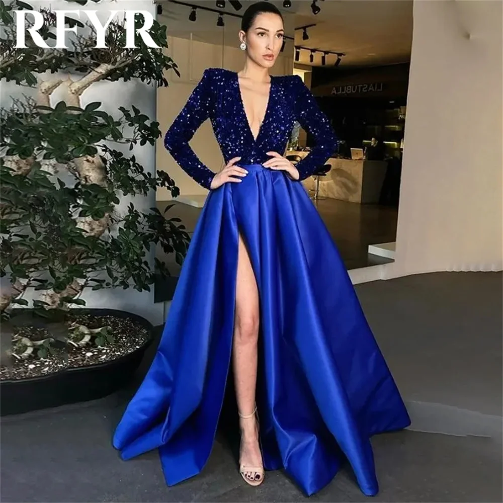 RFYR Blue Sexy Formal Dresses V-Neck Party Dress For Wedding Stain Pleats Special Occasion Dresses with Side Split robe soirée