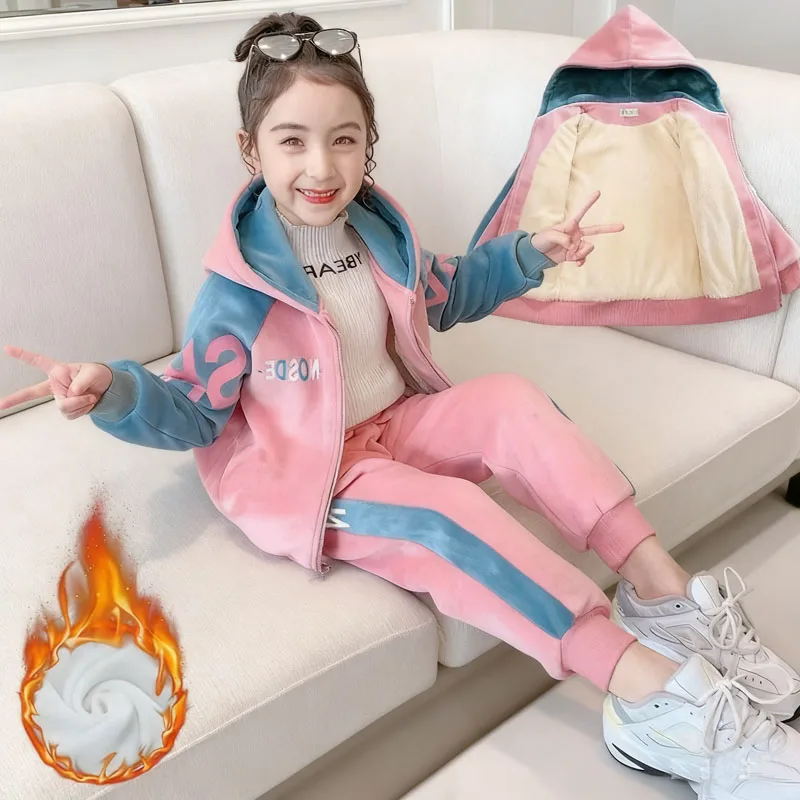 Winter Fleece-Lined Set Girls Thicken Suit Children Double-sided Velour Coat Pants 2Pcs Autumn Casual Warm Outfits Kids Clothing