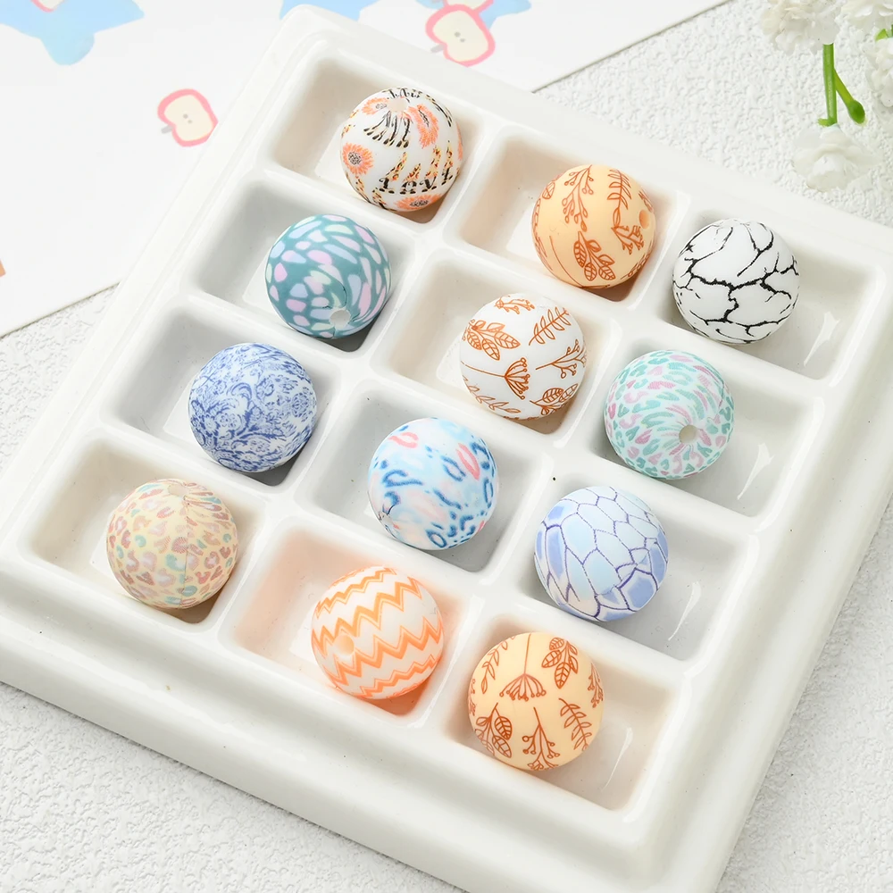 10/20/30Pcs 15mm Colorful Printing Beads Round Loose Beads For DIY Handmade Pacifiers Clip Jewelry Making Bracelet Beaded Pen