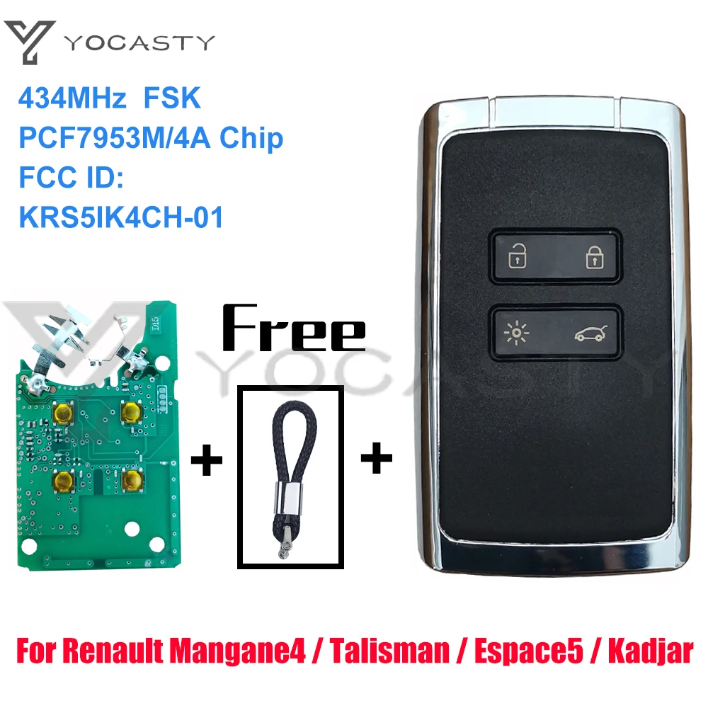 YOCASTY KR5IK4CH-01 Keyless Smart Key 434Mhz PCF7953M 4A Chip For 2016 2017 2018 2019 Renault Megane 4 Talisman Espace 5 Kadjar