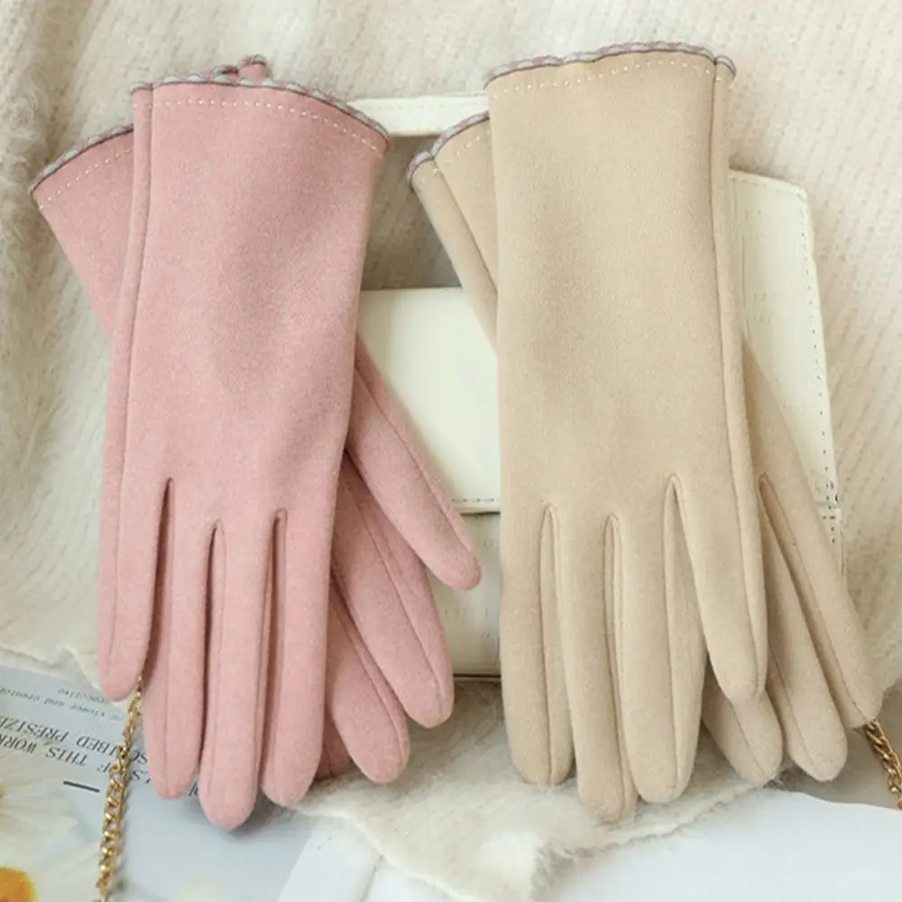 

Color Soft Point Finger Plus Fleece Autumn And Winter Cycling De velvet Women Gloves Korean Style Mittens Touch Screen Gloves