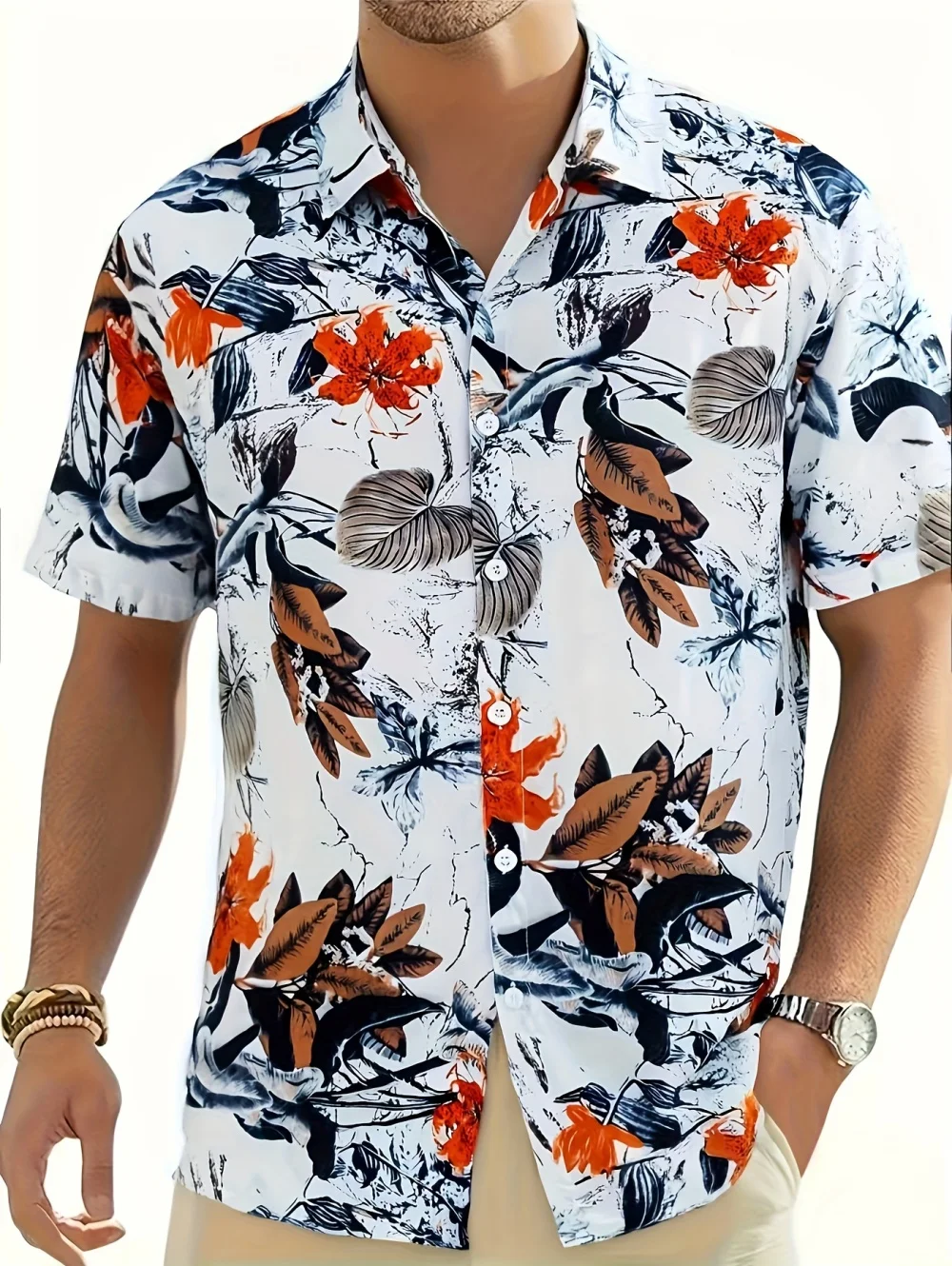 

Summer Men's Tropical Hawaiian Shirt Stylish Print Short Sleeve Button-Up Tops Lightweight Daily Wear Quick-Drying Man Clothes