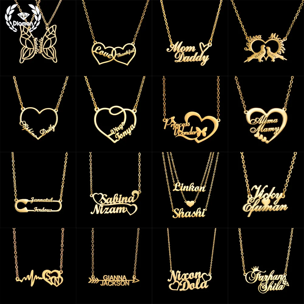 

Персонализированное ожерелье с двойным именем в форме сердца, украшение на День святого Валентина для влюбленных, из нержавеющей стали, с цепочкой.