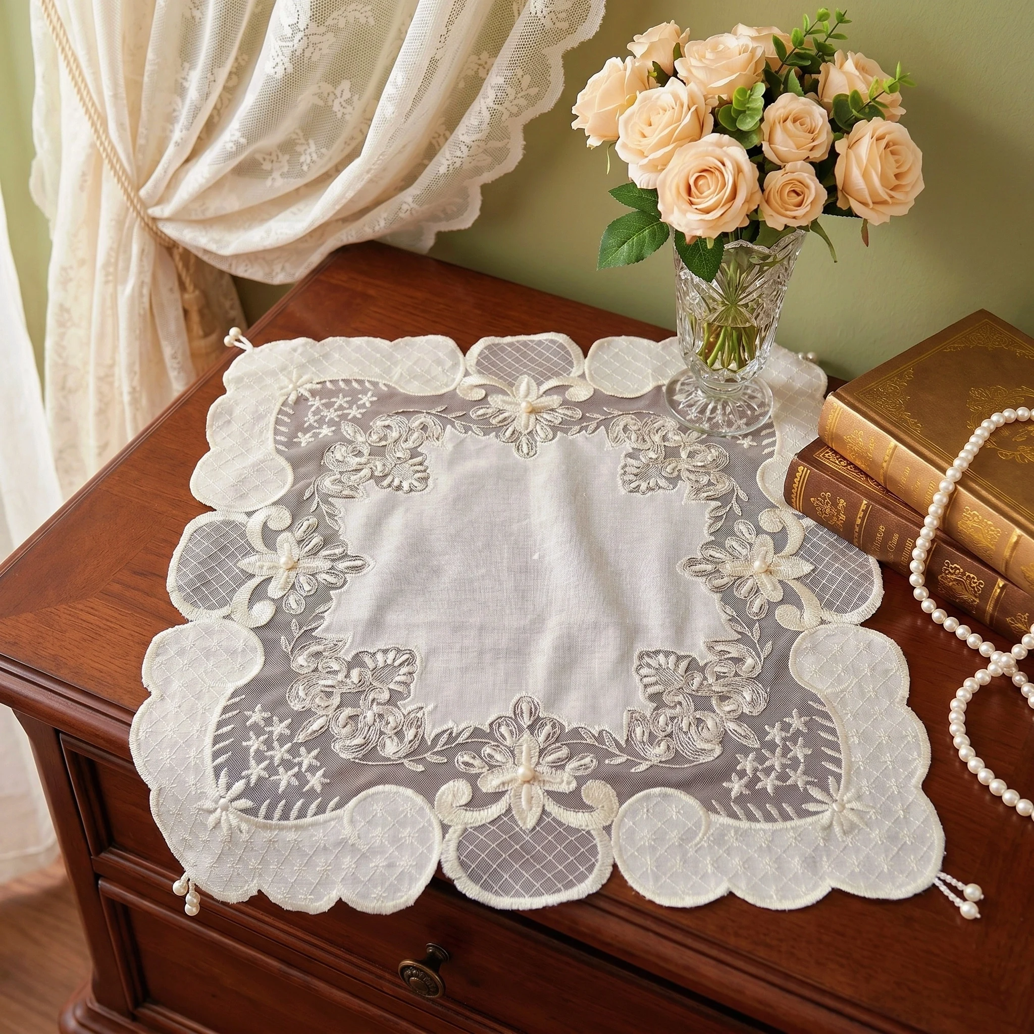 4pcs Square White Placemats Luxury Velvet Plate Mat Handmade Beaded Coaster Nightstand Cover Small Beige Bride Room Decor view 2