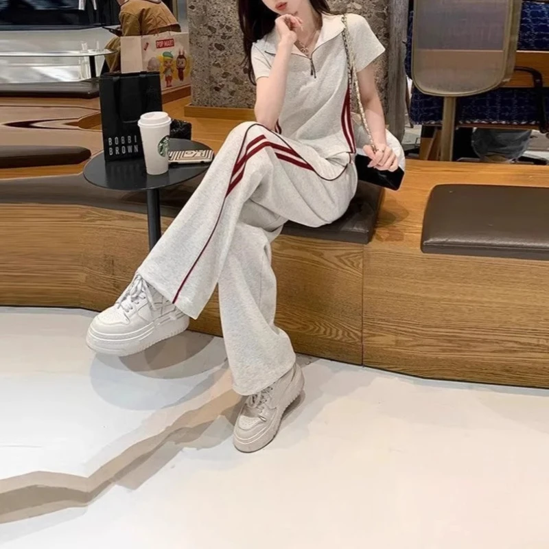 Casual Sportswear Set Women's Summer New Foreign Style Short-sleeved Top Age-reducing Fashion Wide-leg Pants Two-piece Set