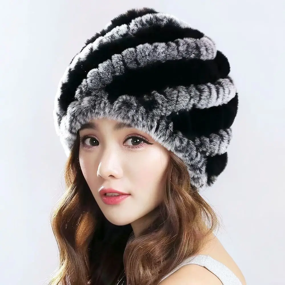 Women Winter Warm Beanie Hat Real Rex Knitted Texture Soft Comfortable Pineapple Style Protective Ear Accessory