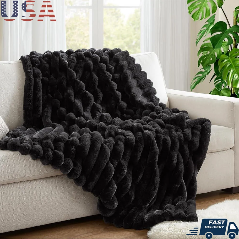 

Ultra Soft Faux Rabbit Fur Striped Throw Blanket Luxury Plush Couch Bed Blanket Warm Thick Cozy Decorative Home Decor 750GSM