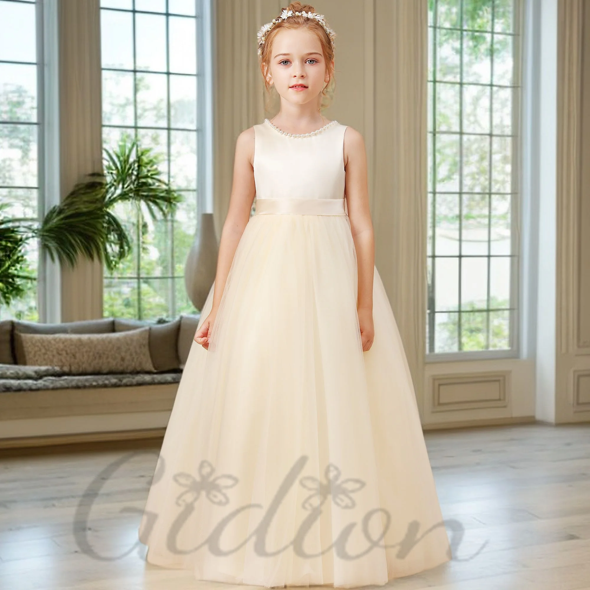 

Satin/Tulle Flower Girl Dress Wedding Ceremony Birthday Evening Party Junior Bridesmaid Dress Ball Pageant Banquet For Children