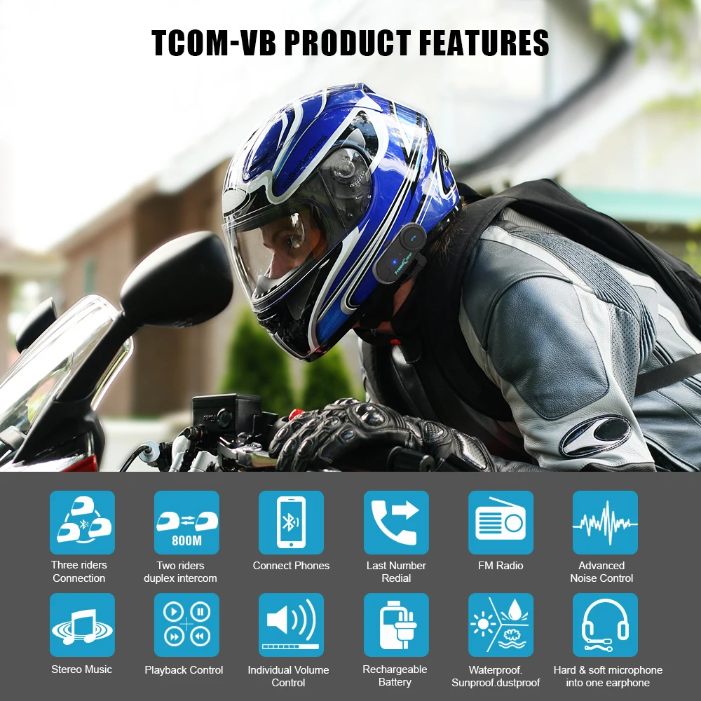 FreedConn T COM VB Motorcycle Helmet Headset Intercom Moto Bluetooth Interphone Headset FM Music Connect 6 Riders Communicator