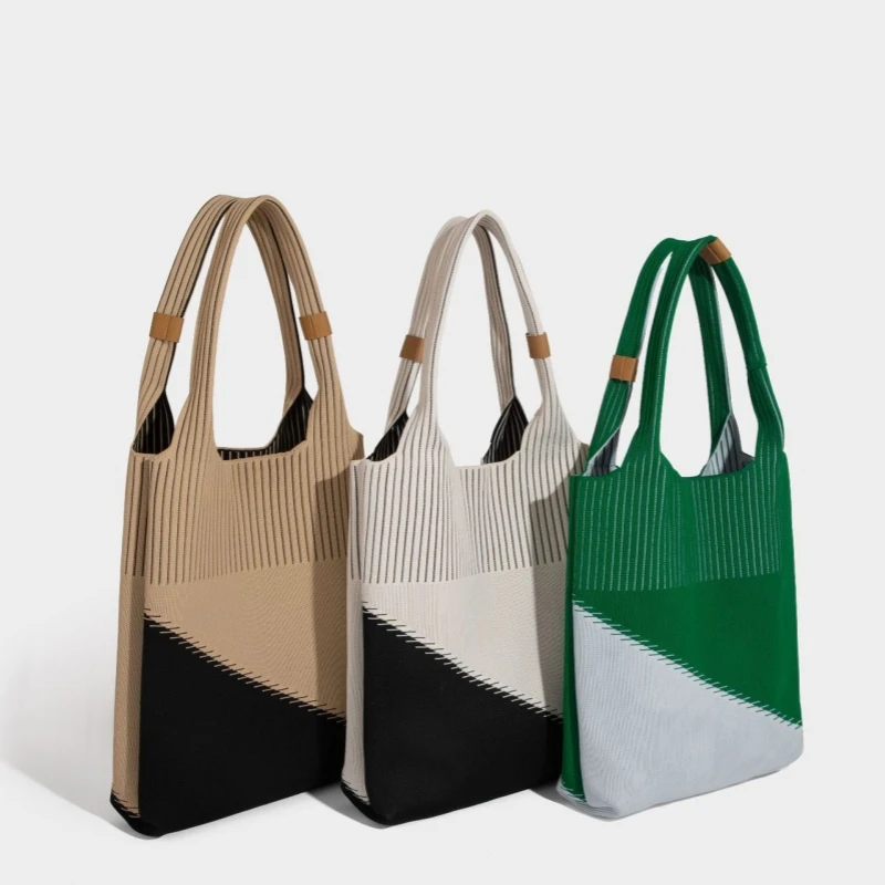 

Trend Color Contrast Knitted Handbag Large Capacity Women's Casual Soft Material Wrist Bag Foldable Shopper Shoulder Bag 2025