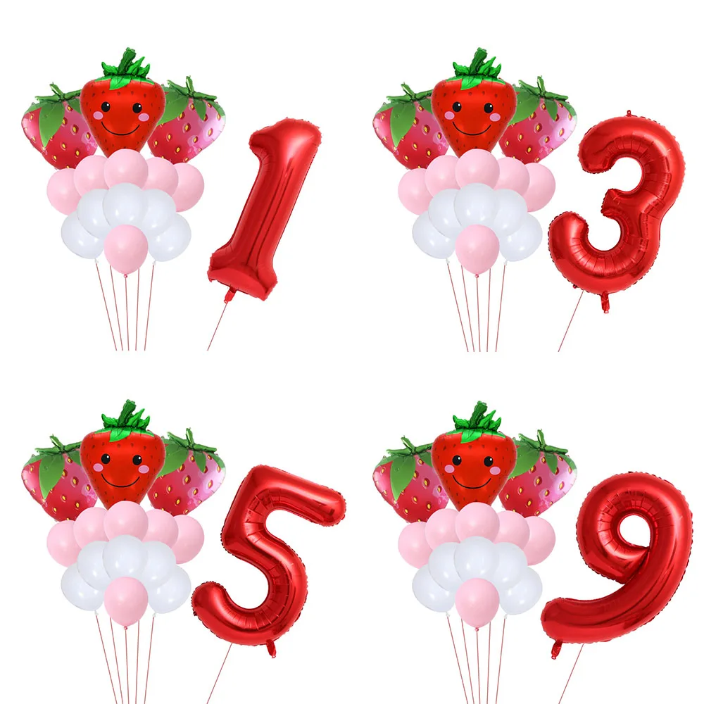 

15Pcs Red Sweet Berry Fruit Strawberry Balloons Red Number 0-9 Balloons Set Kids Girls Sweet Strawberry Birthday party Decor