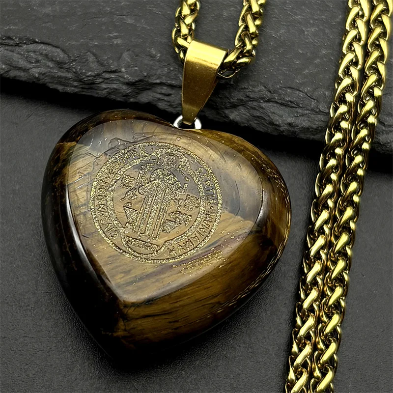 

Saint Benedict San Benito Pendant Necklace For Women Men Tiger Eye Stone Faith Love Heart New Fashion Male Chain Jewelry Gifts