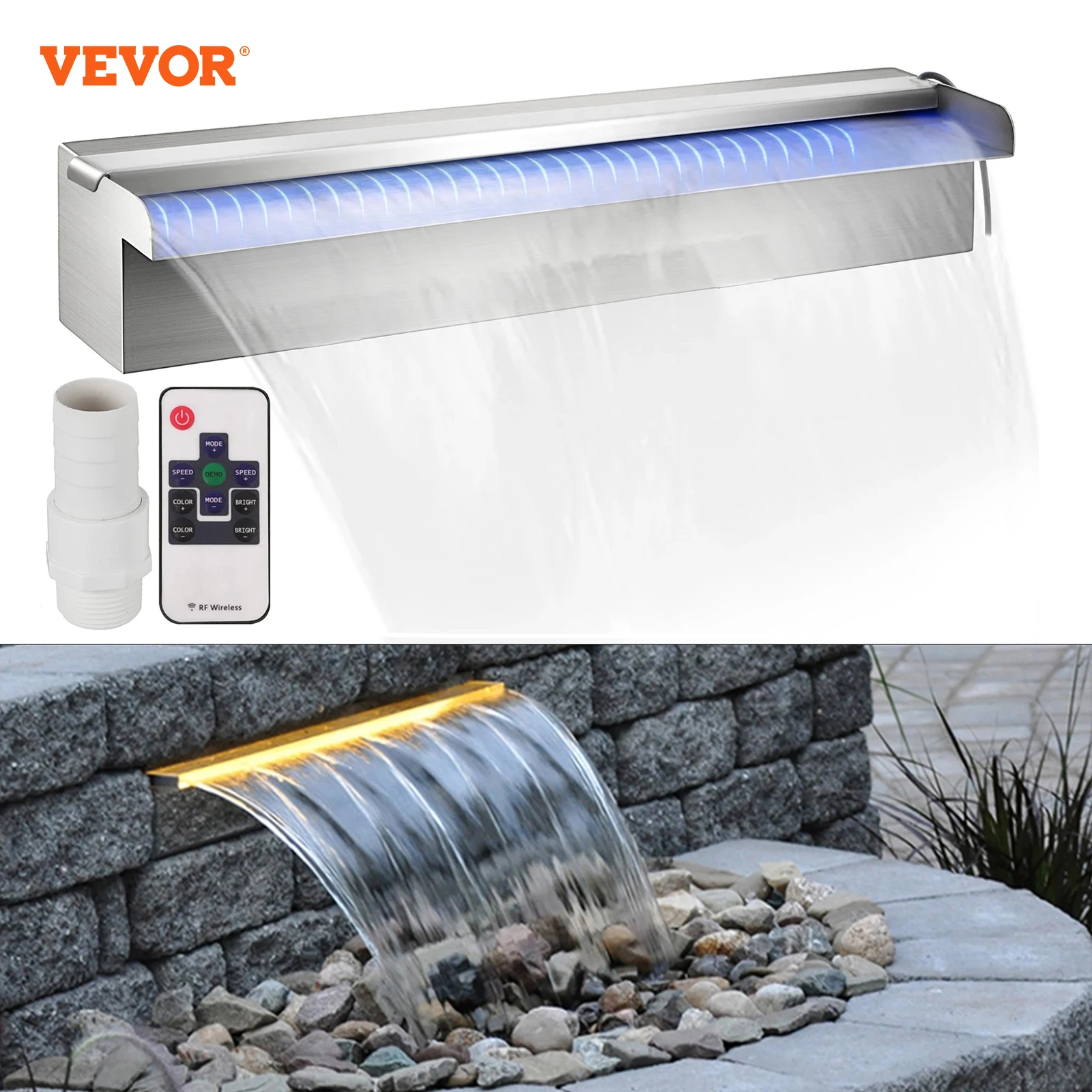 VEVOR Pool Fountain Swimming Waterfall Rectangular Pool Fountains with LED Strip Light Stainless Steel Pond Waterfall Cascade