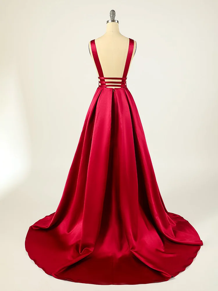 Jirocum Deep V-neck Satin Evening Dress Women's A-line Long Formal Party Prom Gowns Sexy Red Sleeveless Cocktail Dresses 2024