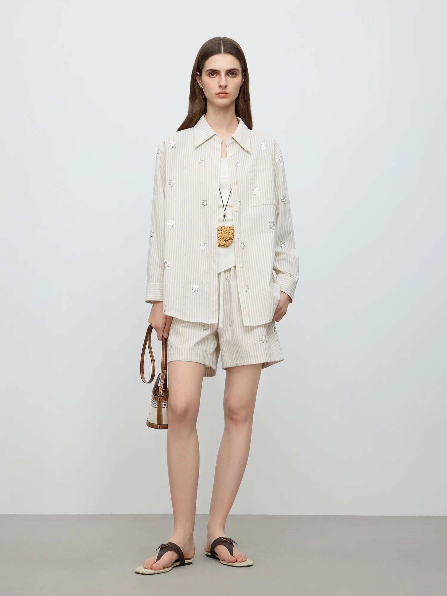 FSLE【プレミアムシリーズ】2025夏レディースリラックスリゾートセット - コットンリネン混紡シャツ＆ショーツでエレガントさを簡単に