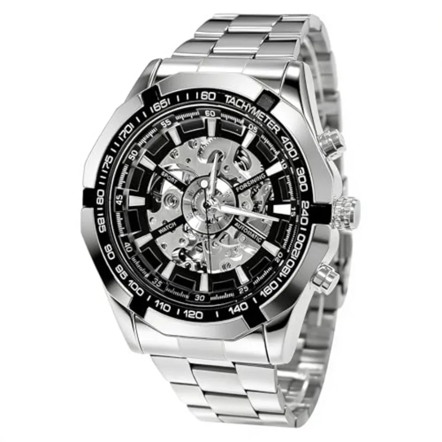 

Gute Mens Watches, Mechanical Skeleton Stainless Steel Waterproof Automatic Self-Winding Watch for Men, Luxury X Dial Steampunk