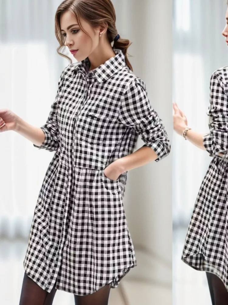 Plus Size New Korean Fashion Blouses Plaid Button Solid Midi Autumn Shirt Female All-match Loose Long Sleeve Polo-Neck Blouse