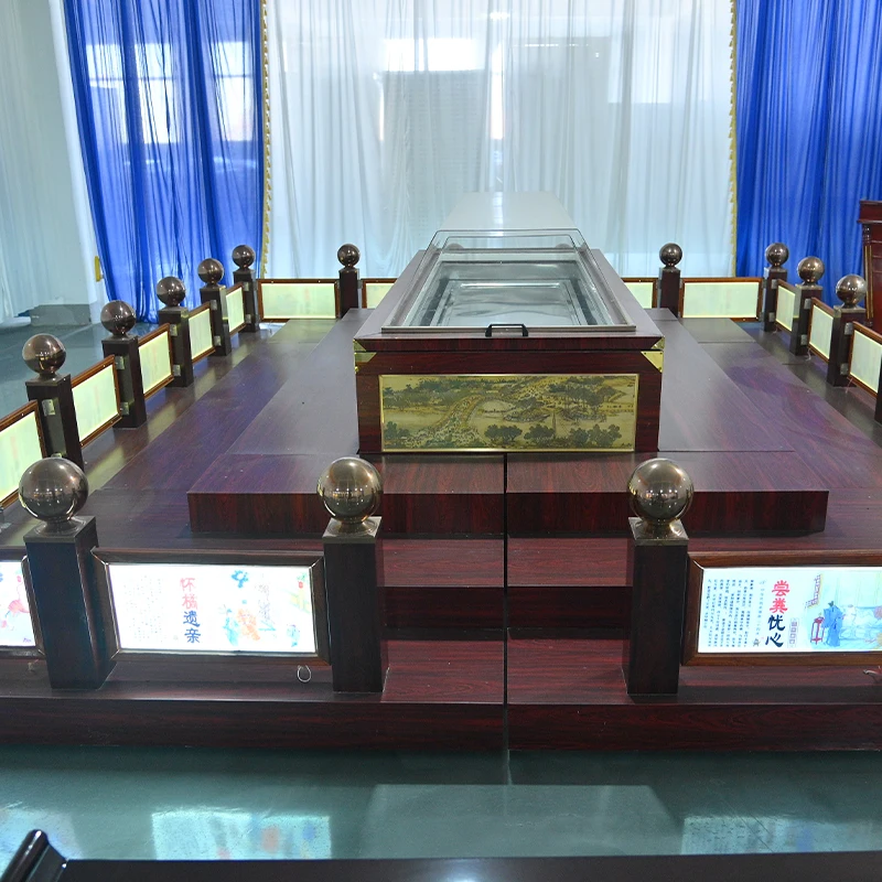 Customized Premium Faux Wood Memorial Viewing Platform with Traditional Chinese Gilded Carvings for Funeral Ceremony