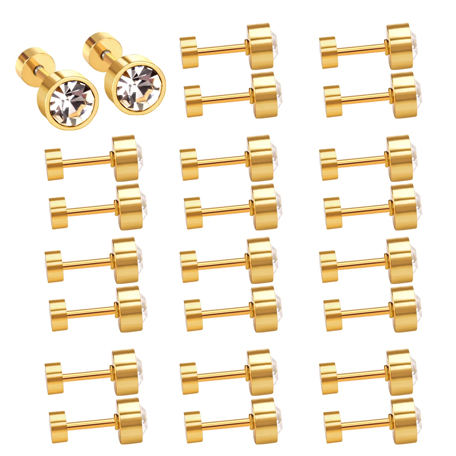 12 Pairs/Batch Stainless Steel Screw Plug Earrings, Cylindrical White Shiny Diamonds, Simple Girls' Jewelry Wholesale Studs