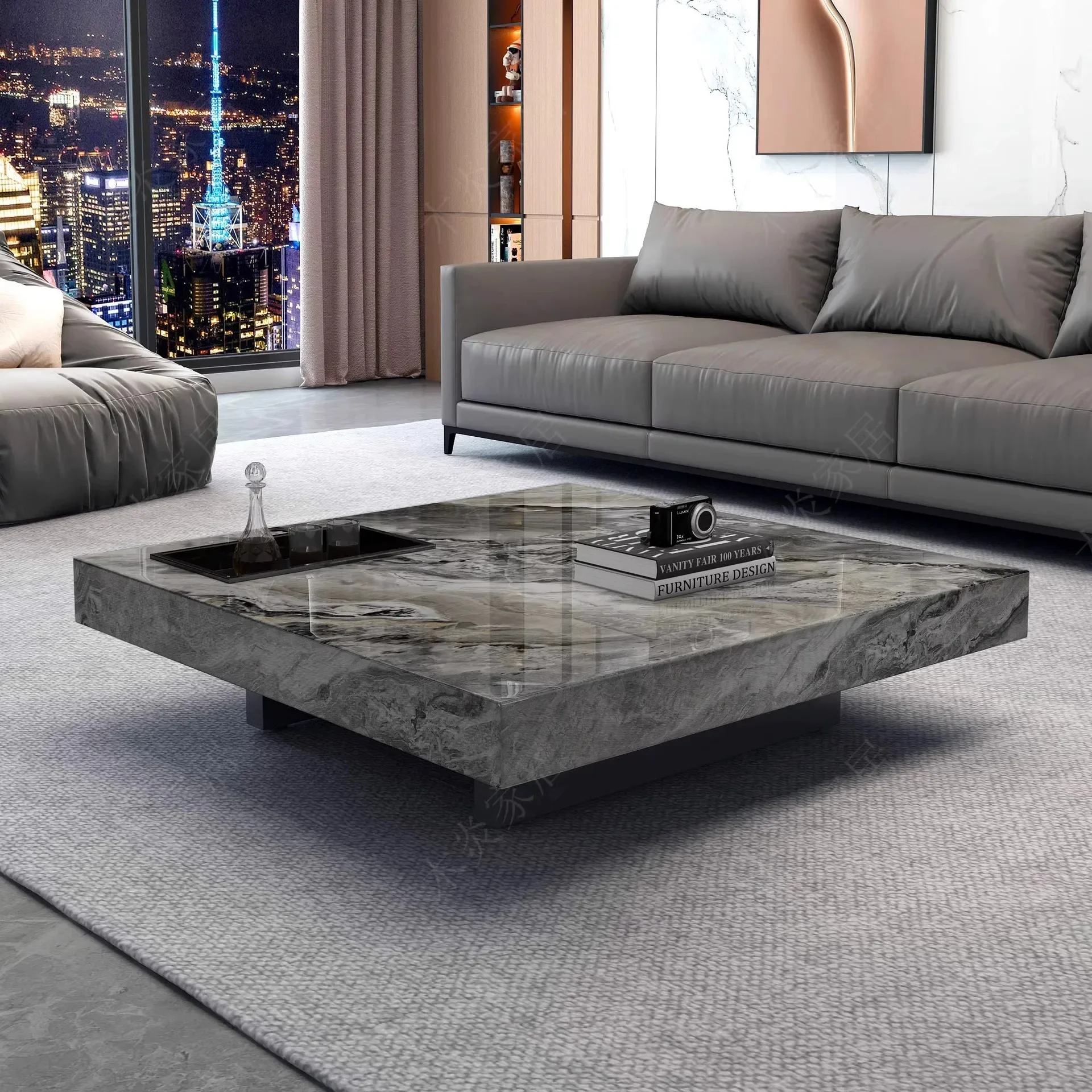 Minimalist rock slab coffee table, light luxury modern living room, household size apartment, simple square coffee table