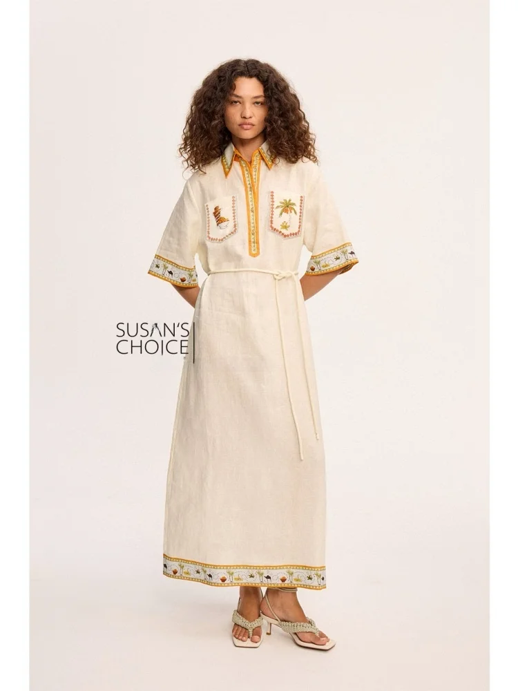 

Susan Casual Sle Embroidered Linen ort Sve Dr irt Women's Faion Spring Collection Turn-down Collar Button Closure