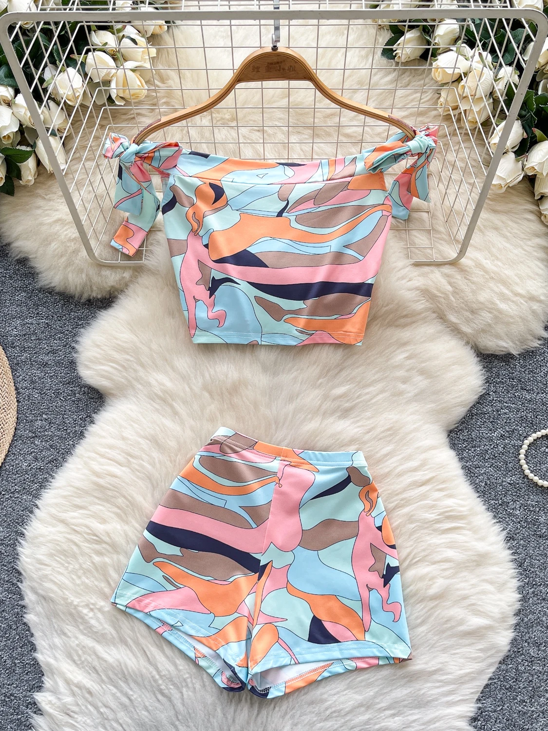 Hot Girl Pure Desire Summer One oulder Strap Waist Cinched ort Print Top High Waist Tight Slimming orts Women's Set
