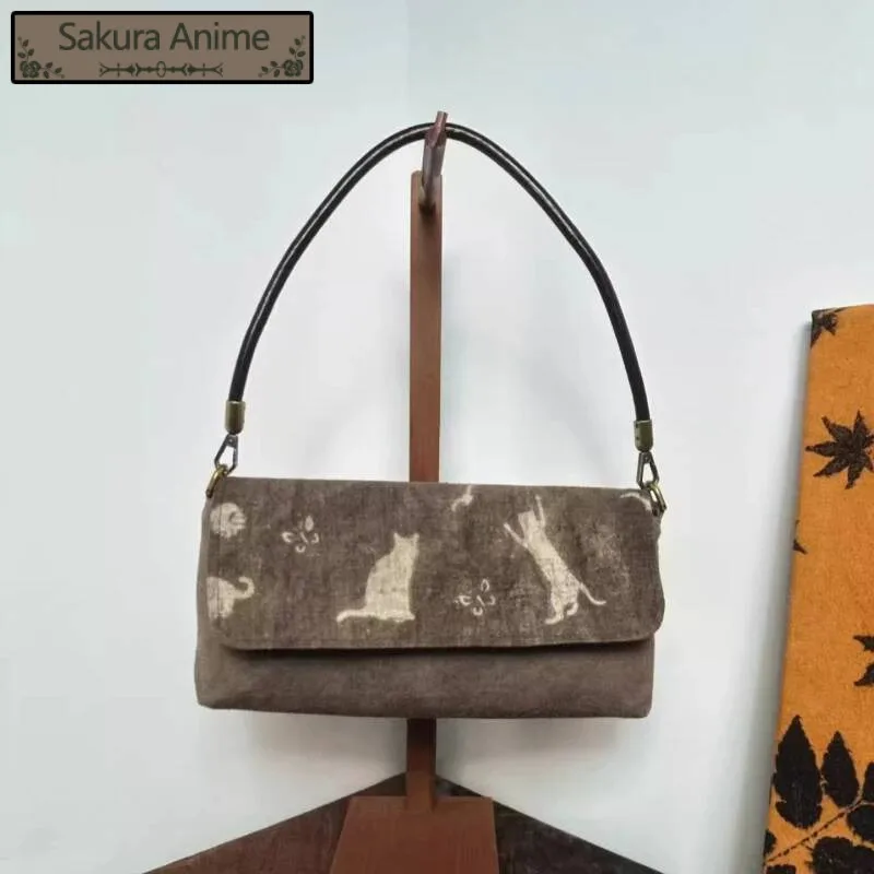 Y2k カワイイ猫デザイン トップハンドルバッグ ヴィンテージ オールマッチ シンプル ショルダーバッグ 脇の下バッグ レディース ストリートウェア 財布とハンドバッグ