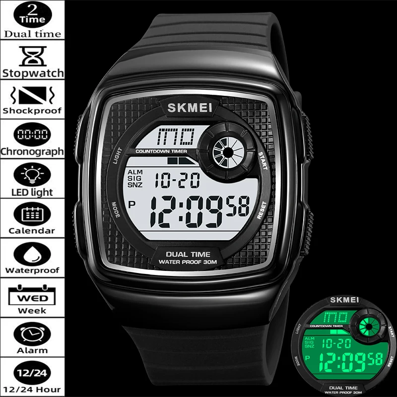 

Skmei модные двойные часы с мягким ремешком из ТПУ, светодиодный водонепроницаемый хронограф, 24-часовые цифровые спортивные часы для мужчин, секундомер