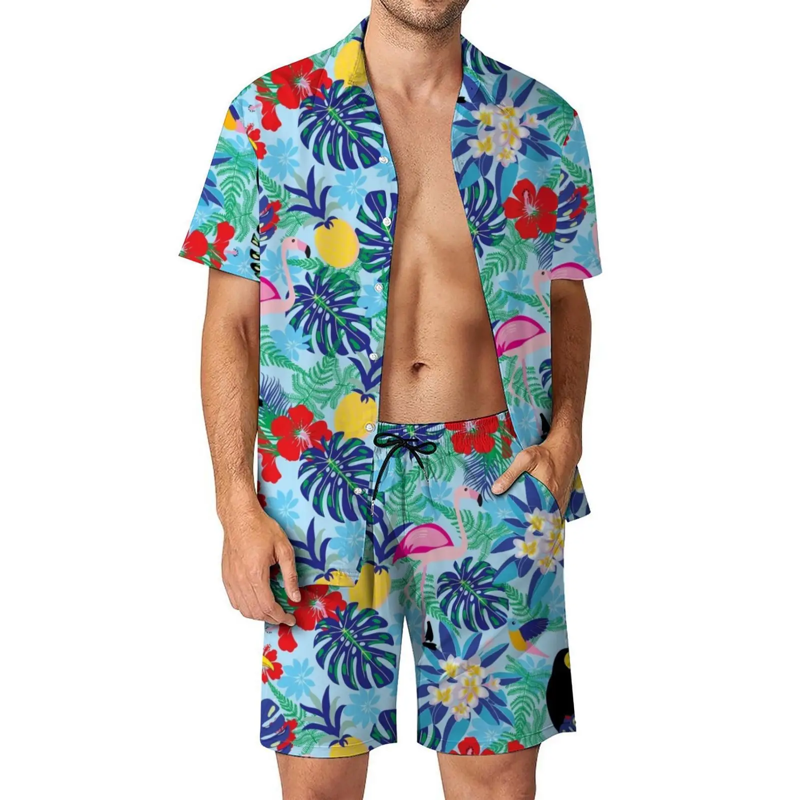 Flower Printed Hawaiian Shirt Set Men's 2Pcs Shirt 3D Print Loose Leisure Short Sleeve Beach Shorts Shirt Holiday Fashion Set
