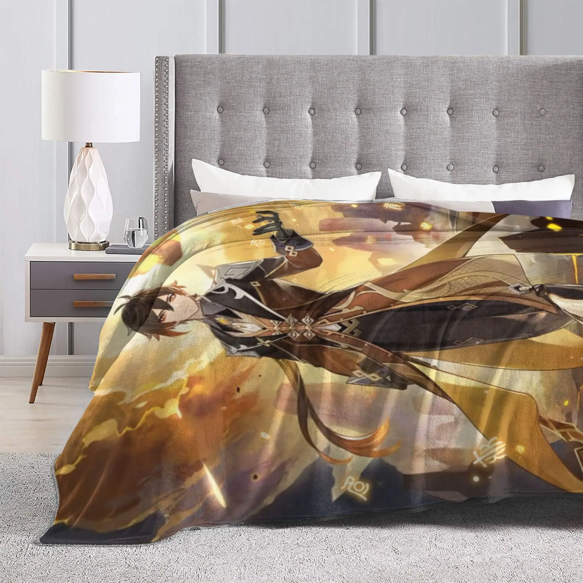 Zhongli Genshin Impact Blanket Fleece Textile Decor Fantasy  Multifunction Lightweight Throw Blanket for Sofa Bedroom Bedspread