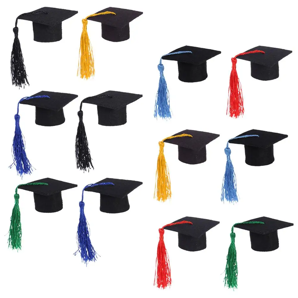 

12 Pcs Mini Graduation Hats Non-woven Fabric Bottle Party Supplies Child Fringe Decorations Graduation Cap Toppers Gifts